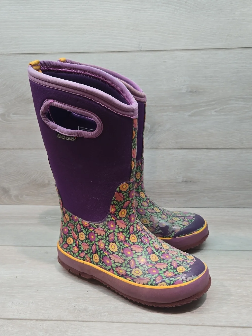 Bogs Kids' Big Girl Purple Floral Rain Boots Shoea Sz 3